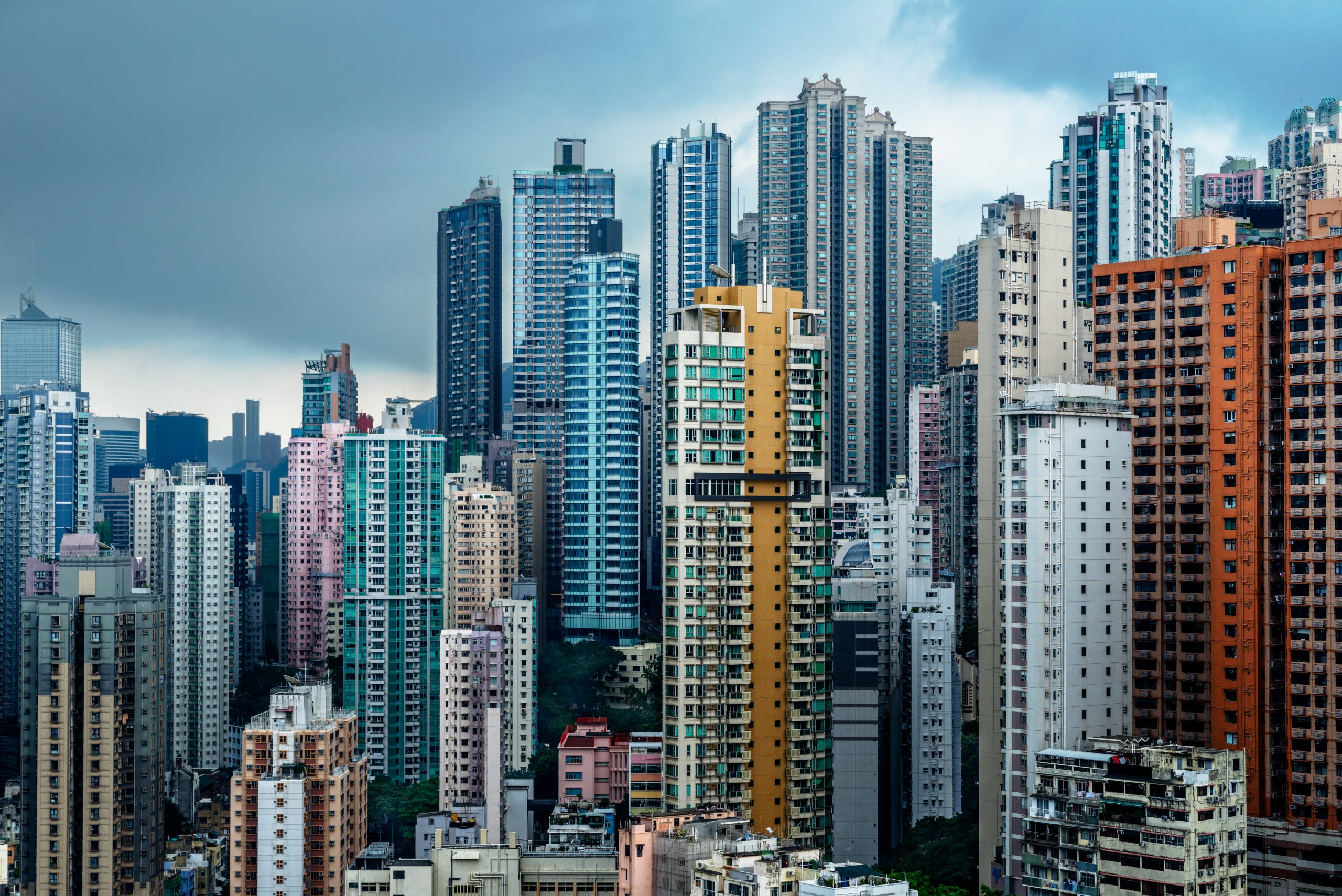 aerial view of Hong Kong apartment block in China.